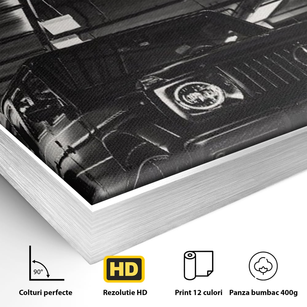 Detaliu al suprafetei: tablou canvas cu masina si text, in rama de aluminiu argintiu